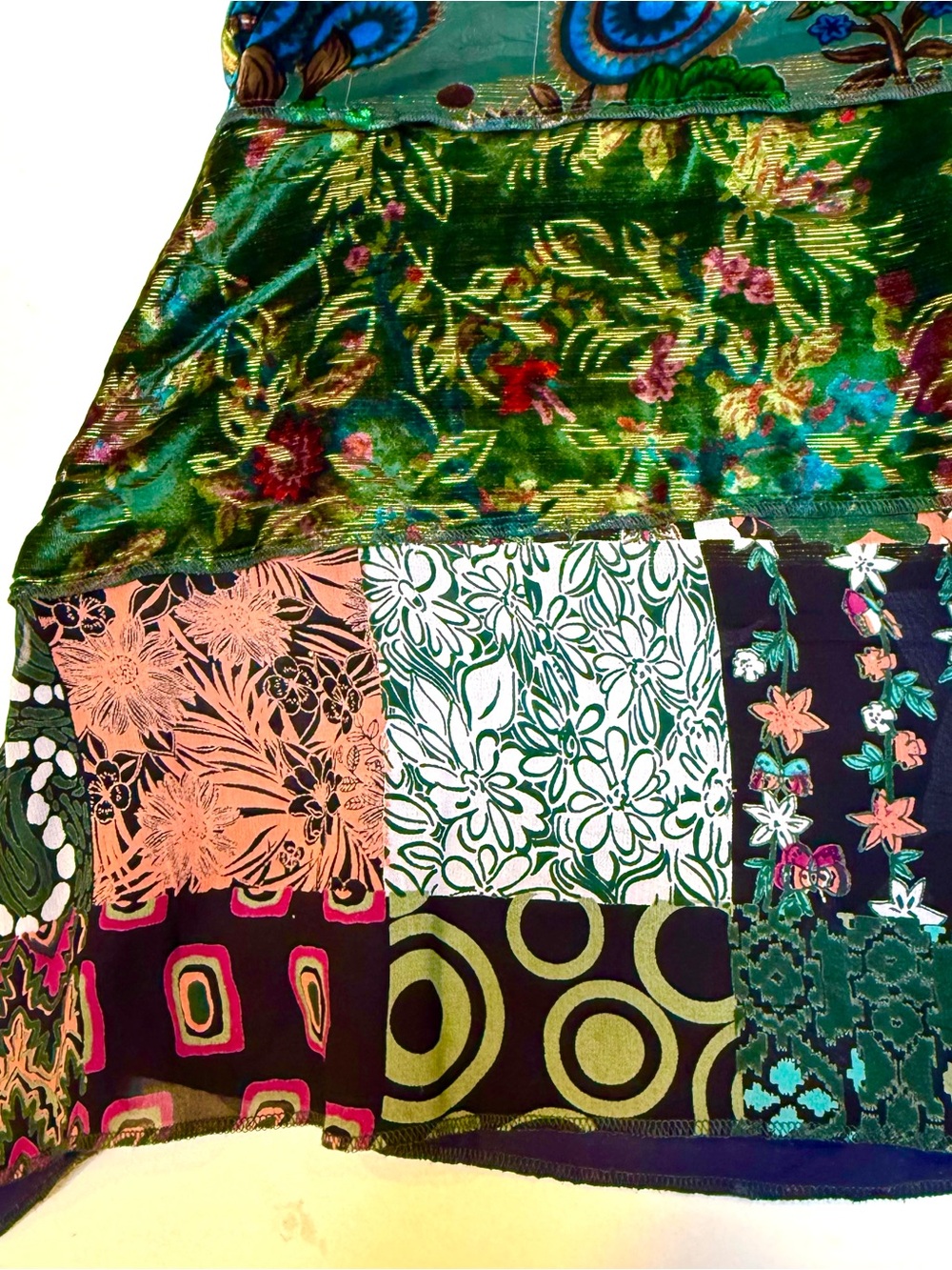 Patchwork Velvet Button-Front Blouse - Green Multi - Picture 11 of 14